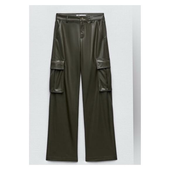 ZARA Faux Leather High Waist Wide Leg Cargo Pants 6 Green - Picture 1 of 7